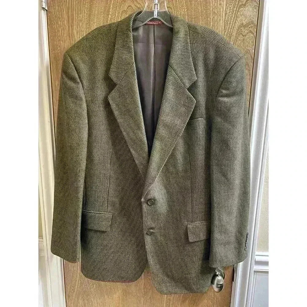 Vintage Neiman Marcus Men's Wool Blazer Jacket Brown Houndstooth Double Button